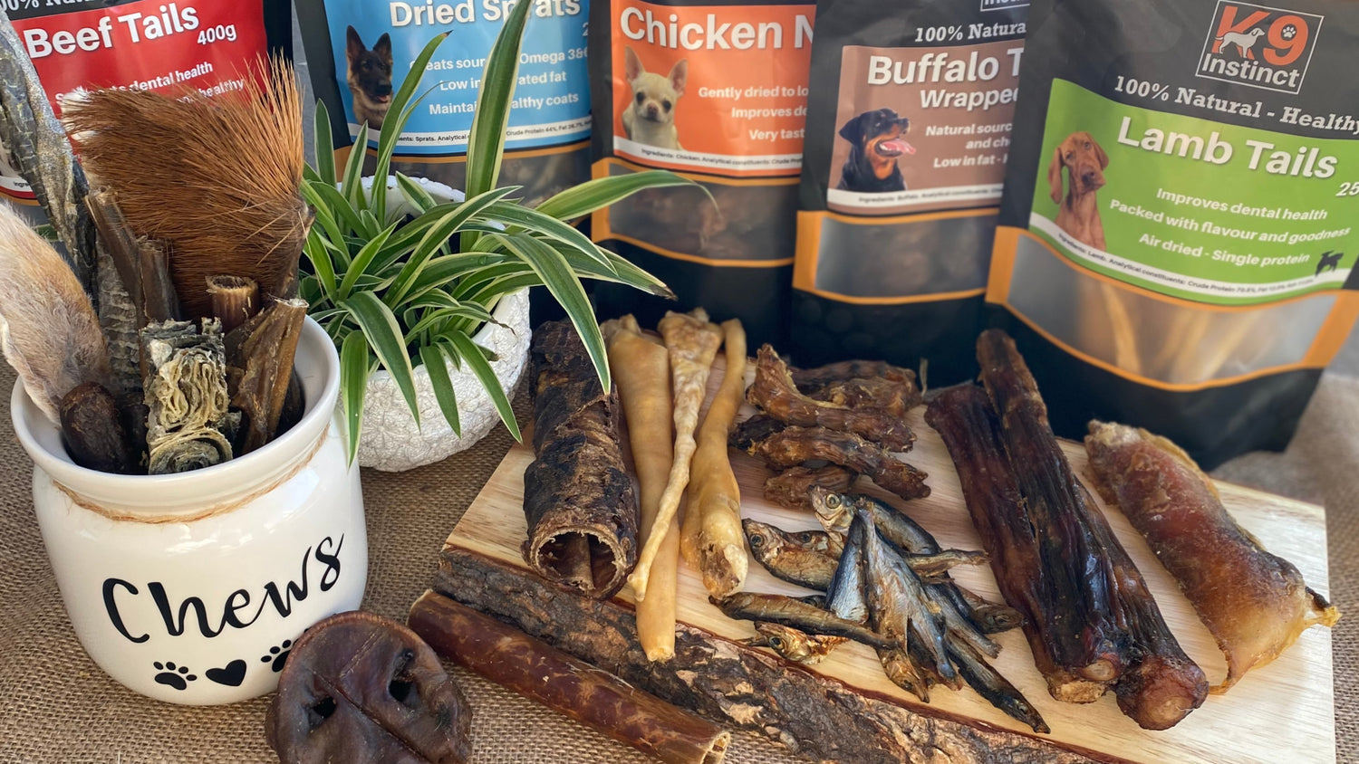 Dried sprats, beef tails, pig snout, pizzle, chicken necks, K9 Instinct natural dog chews, dried fish, rabbit ear.